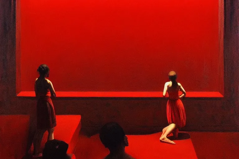 Image similar to only with red, crowd screaming, an exposed painting in a roman theater, in the style of beksinski, parts by edward hopper, parts by rodcenko, parts by yue minjun, intricate and epic composition, red by caravaggio, insanely quality, highly detailed, masterpiece, red light, artstation, 4 k