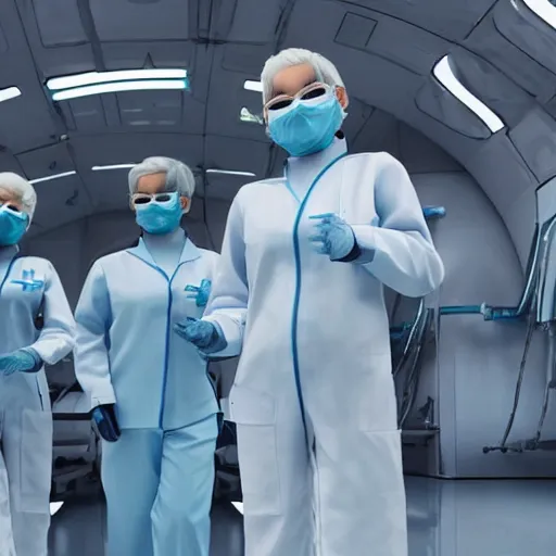 Image similar to line of derpy women with white hair, tight light blue neopren space uniforms, futuristic chemistry lab, sci - fi, highly detailed, cinematic