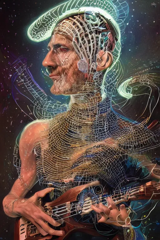 Prompt: portrait of a jewish punk playing an electronic!!-musical-instruments, intricate, stunning, highly detailed, digital painting, artstation, concept art, smooth, sharp, focus, illustration, neural implant designed by michael whelan, inside an a space station recording studio filled with strange surrealist detailed alien electronic and acoustic musical-instruments!! with blinking LEDs and oscilloscopes on screens in detailed alien interiors, backlit fog, designed by Larry Elmore Kerlaft and Pixar, photorealistic, 3d render, award winning render, unreal engine, octane render, studio lighting, 8k, hd