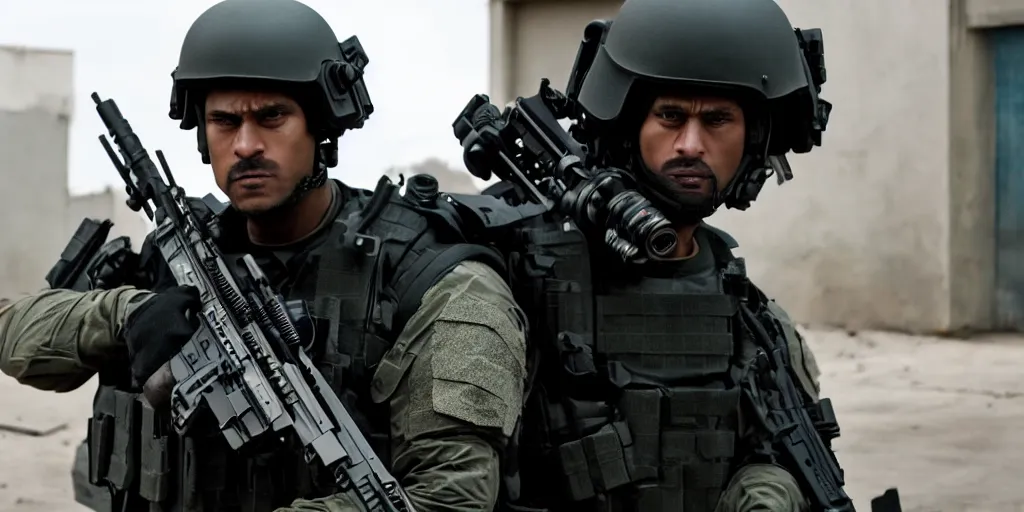 Image similar to vfx film, swat team squad crew, m 4 a 1, breach and clear, gang house, flat color profile low - key lighting award winning photography arri alexa cinematography, cinematic beautiful natural skin, famous face, atmospheric cool color - grade