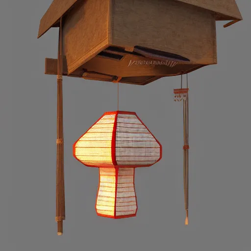 Image similar to A hanging ancient Japanese paper lantern, prop concept art design ,artstation. 3D Model render in maya，C4D. detail