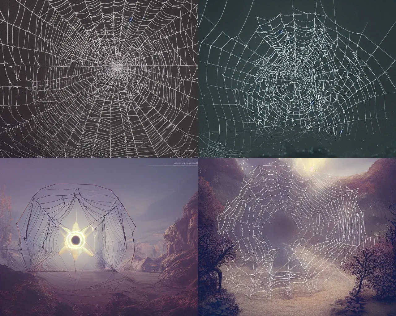 Image similar to Complex sacred geometry made out of chitin and spider web, celestial, eerie, Jakub Kasper, Makoto Shinkai, Simon Stålenhag, matte painting, featured in artstation, octane render, cinematic, elegant, intricate, 8k