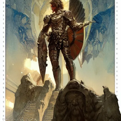 Prompt: Intaglio Heroic Paladin Dsurion ascends the stairway to valhalla Hand Crafted By Rodin. Painting by greg rutkowski Donato Giancola Jeff Simpson norman rockwell stamp watercolor