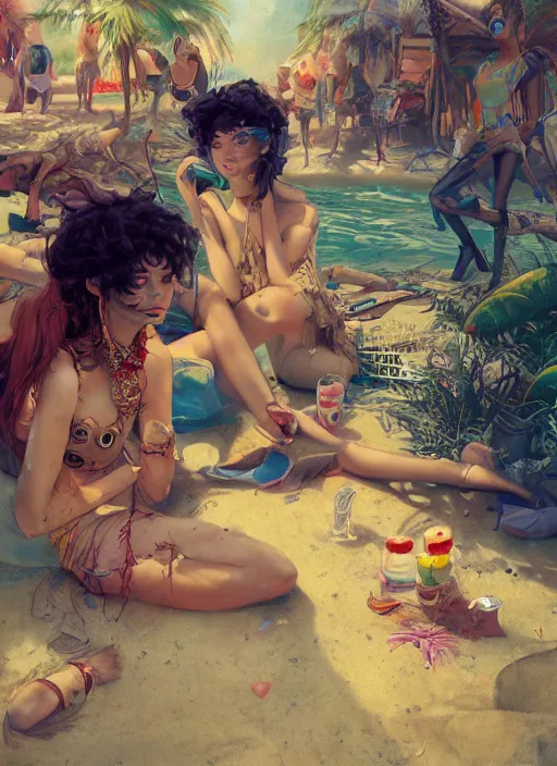 Prompt: beautiful fantasy painting scene of a Hiphop Lofi beach party, by Kenne Gregoire, James Jean, Tran Nguyen, WLOP, Jakub Rebelka. trending on Artstation, 8k, masterpiece , graffiti paint, fine detail, full of color, intricate detail, golden ratio illustration