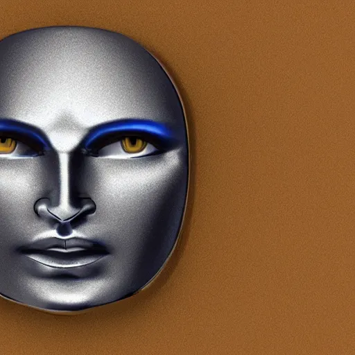 Prompt: metal android face, blue eyes, gold, silver, relief