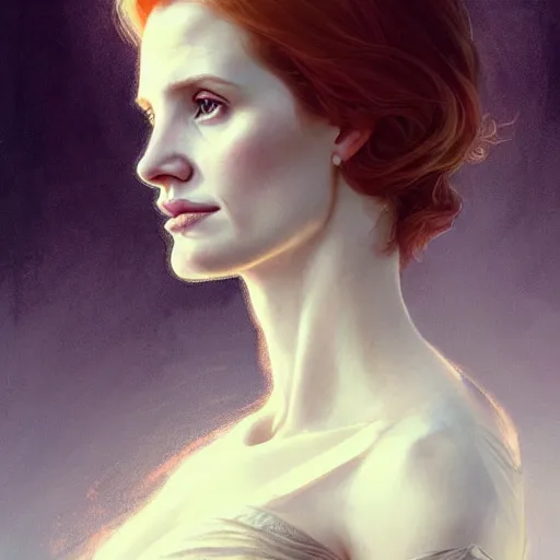 Image similar to beautiful natural Jessica Chastain, intricate, elegant, highly detailed, digital painting, artstation, concept art, smooth, sharp focus, illustration, art by artgerm and greg rutkowski and alphonse mucha and loish and WLOP