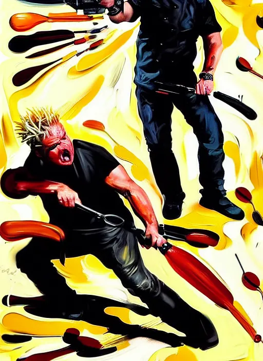 Prompt: gordon ramsay shooting guy fieri, shooting, muzzle flash, enraged, painting by phil hale, 'action lines'!!!, graphic style, visible brushstrokes, motion blur, blurry