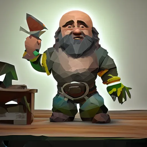 Image similar to A dwarf peeking over his desk surprised like Killroy, the desk is covered in scattered papers, deep rock galactic screenshot, low poly, digital art.