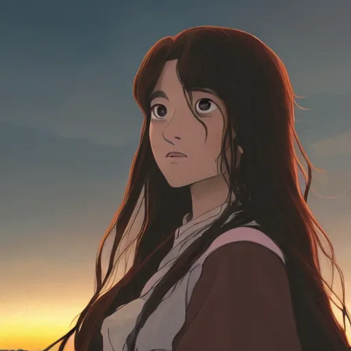 Image similar to portrait of woman, long brown hair, cloth, princess mononoke, 4 k, greg rutkowski, high detail, dramatic lighting, sunset, hayao miyazaki, masashi ando, nizou yamamoto, kazuo oga, joe hisaishi, yoji takeshige, naoya tanaka