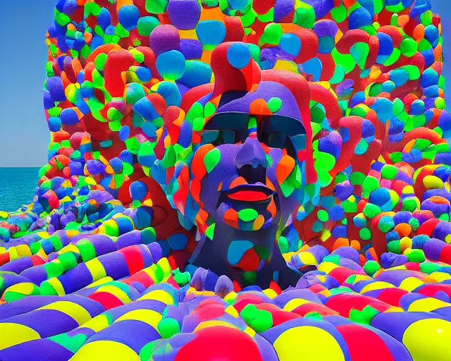 Image similar to a giant abstract sculpture made out of inflatable pool toys in a human head shape, on the surface of the ocean, in the style of chad knight, funny sculpture, long shot, hyper detailed, hyper realistic, ray tracing, 8 k resolution, sharp focus, realistic water, award winning sculpture
