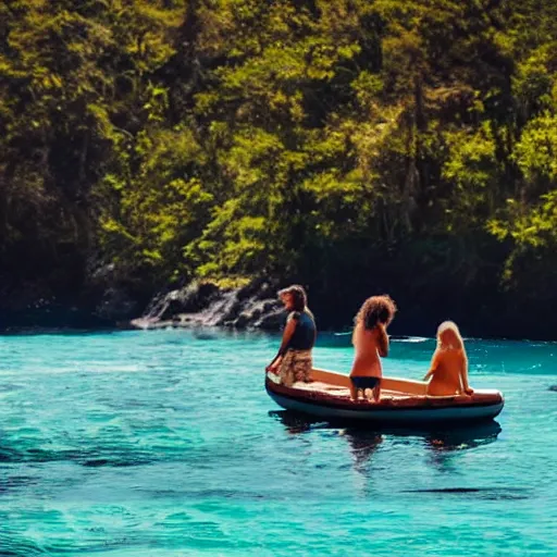 Prompt: four people stranded in the ocean on a wooden raft, ultra realistic, photorealism, 8 k, bokeh still from the movie