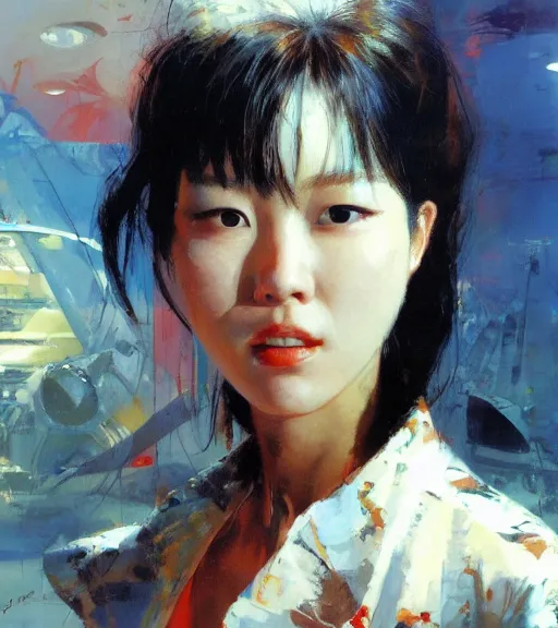 Image similar to Lee Jin-Eun by John Berkey and Gerald Brom, rule of thirds, seductive look, beautiful, in intergalactic hq