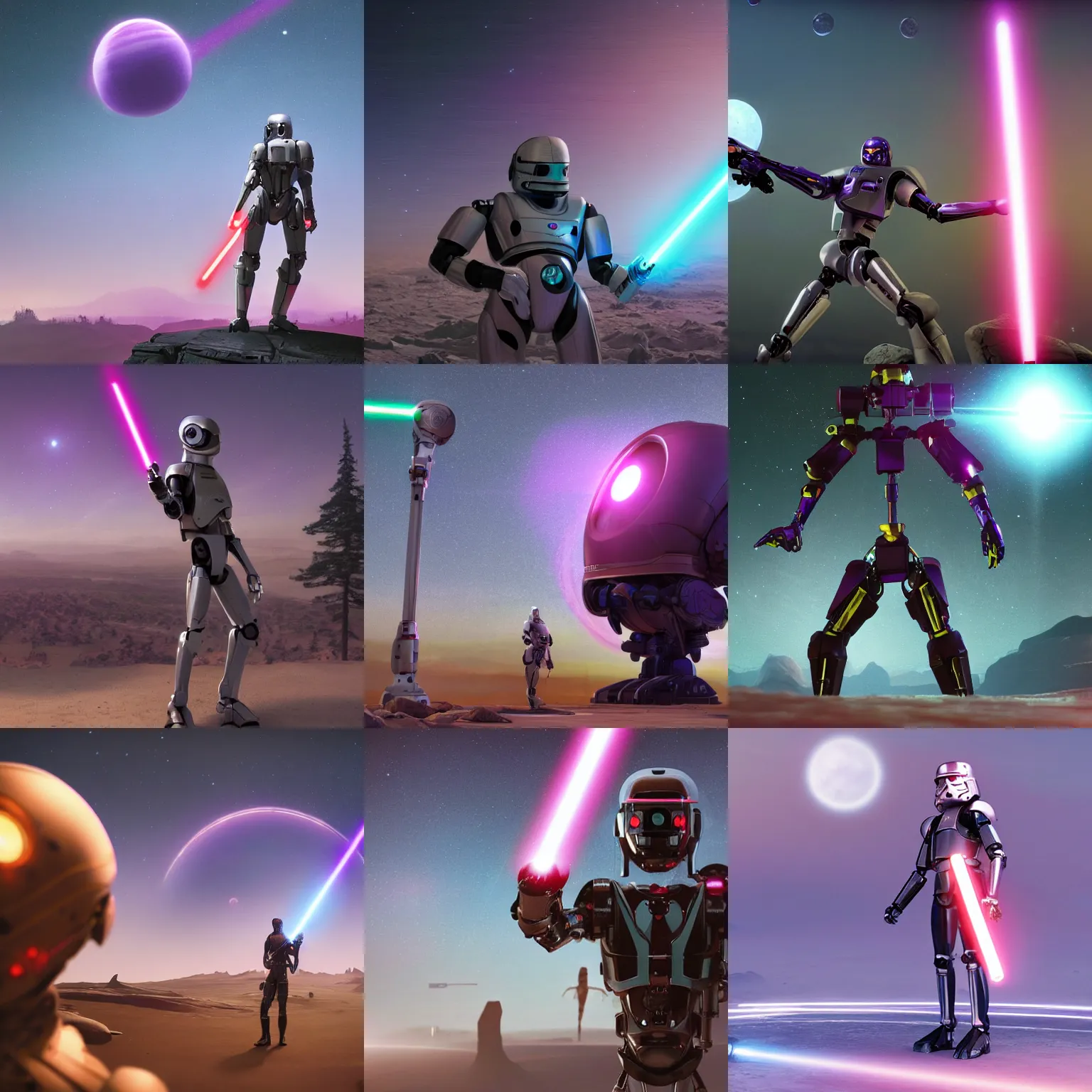 Image similar to humanoid robot wielding lightsaber in front of a violet planet in the sky, unreal engine, featured on cgsociety, trending on artstation, detailed, scifi futuristic character concept, simon stalenhag, movie still, octane render, hyperrealistic, cinematic