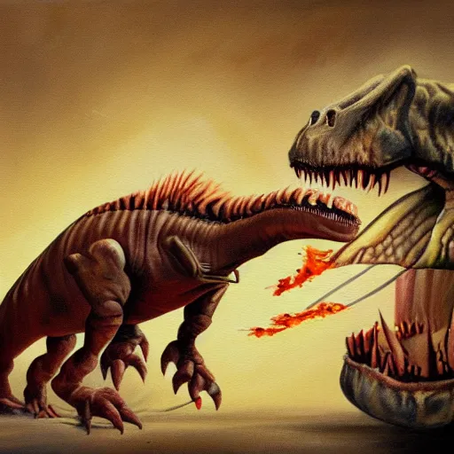 Image similar to a hype rrealistic painting a dinosaur beef on a spit, cooked