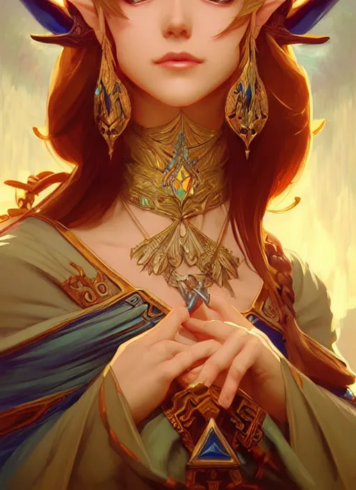 Prompt: zelda with triforce, fantasy, intricate, elegant, highly detailed, digital painting, artstation, concept art, wallpaper, smooth, sharp focus, illustration, art by artgerm and greg rutkowski and alphonse mucha and wlop