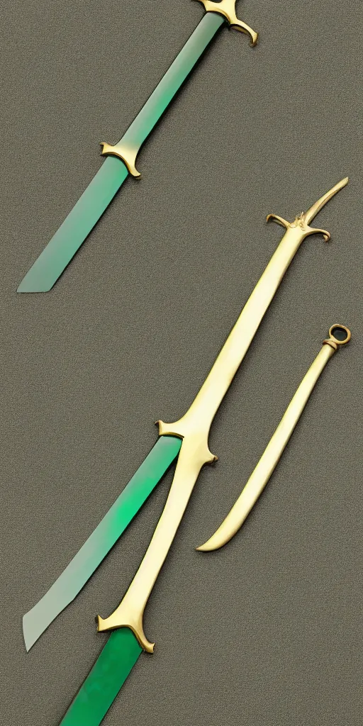 Image similar to photograph of a wide green and teal crystal sword blade attached to a big gold sword hilt