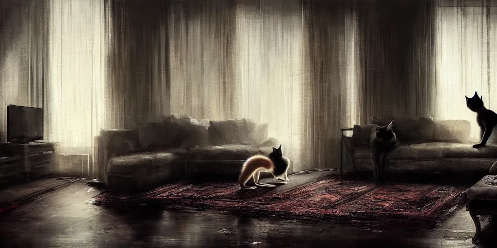 Image similar to a dramatic portrait of a siamese cat inside a modern apartment, intricate concept art, ethereal, cinematic, dramatic lighting, by jeremy mann and julius adam ii