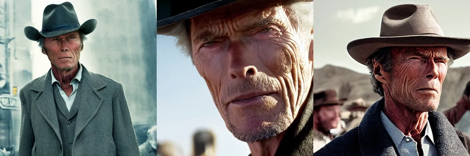 Prompt: close-up of Clint Eastwood as a detective in a movie directed by Christopher Nolan, movie still frame, promotional image, imax 70 mm footage