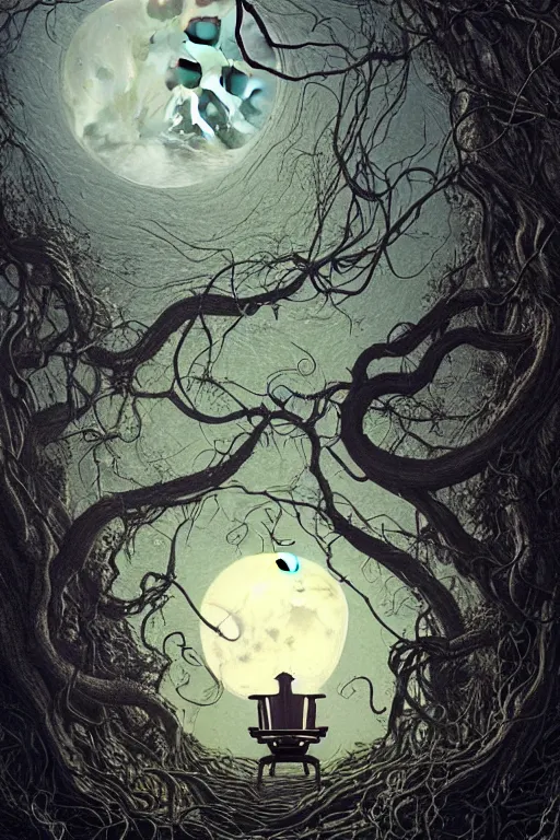 Prompt: a beautiful digital illustration painting of a detailed gothic fantasy full moon and roots, throne chair and vines, dramatic cinematic sky colors by benoit b. mandelbrot, steven belledin, martin johnson heade, lee madgwick, caspar david friedrich, and david rios ferreira. 8 k resolution trending on artstation concept art digital illustration