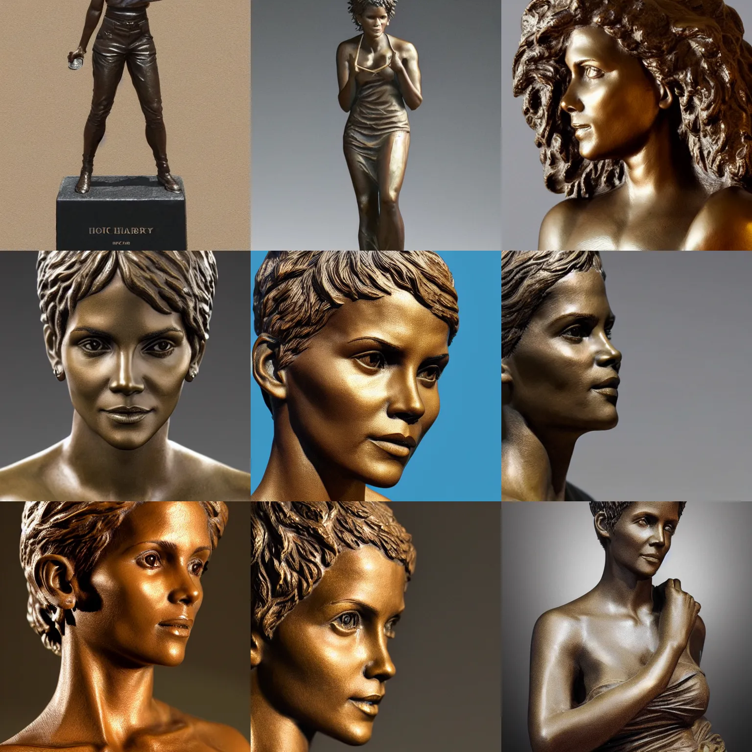 Prompt: bronze statue of halle berry, realistic, photo real, smooth, sharp, intricate detail, dramatic lighting