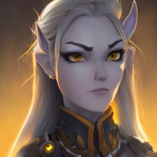 Image similar to a night elf girl with grey skin, yellow eyes and hair, ponytail, wearing armor, highly detailed, digital painting, artstation, matte, by makoto shinkai, animation style