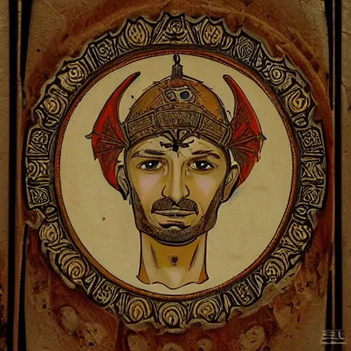 Prompt: stylized symmetrical portrait of Abbas ibn Firnas wearing his steampunk prosthetic mechanical dragon fly wings. a handsome face and a sly smile. ancient Islamic Iberia style.