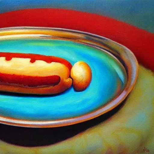 Prompt: a beautiful oil painting of a hotdog on a silver plate. colorful. masterpiece.