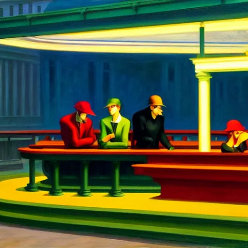 Image similar to Nighthawks by Edward Hopper, cyberpunk, HD,