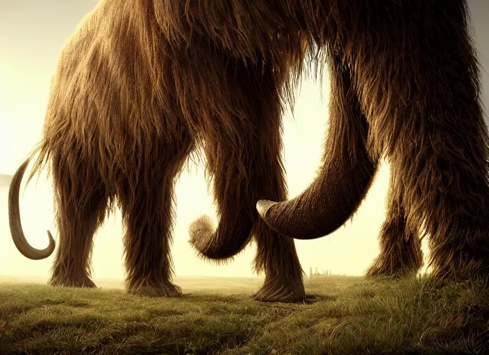 Image similar to hyperrealism, detailed textures, photorealistic, 3 d render, a surreal mystical wooly mammoth grazing, ultra realistic cinematic, intricate, cinematic light, concept art, illustration, art station, unreal engine