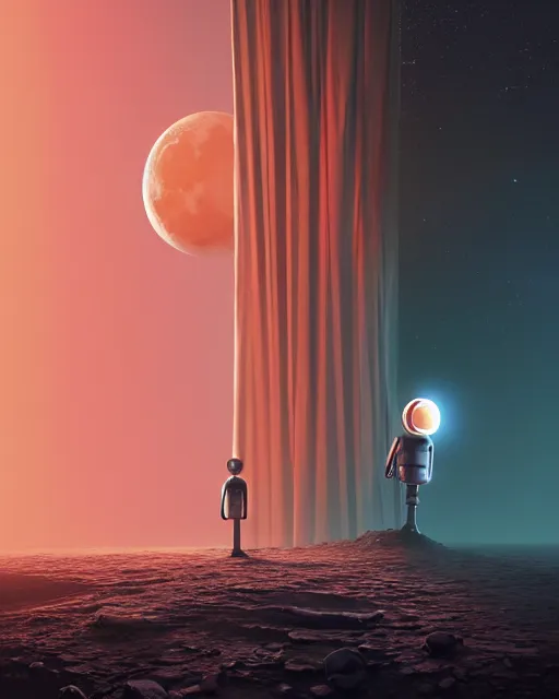 Image similar to gediminas pranckevicius, a robot standing in front of a glowy open door that's on a barren moon, poster art by mike winkelmann, trending on cg society, space art, sci - fi, ue 5, futuristic, volumetric lighting, light casting onto the ground, neat composition and camera angle