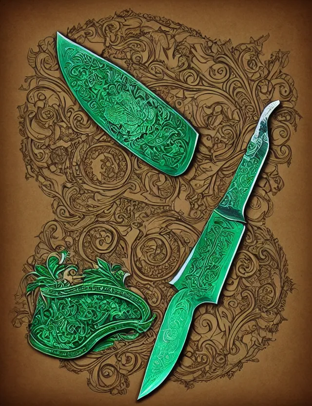 Image similar to ornate emerald butchery knife, fantasy illustration, medieval era, blank background, studio lighting, hand - drawn digital art