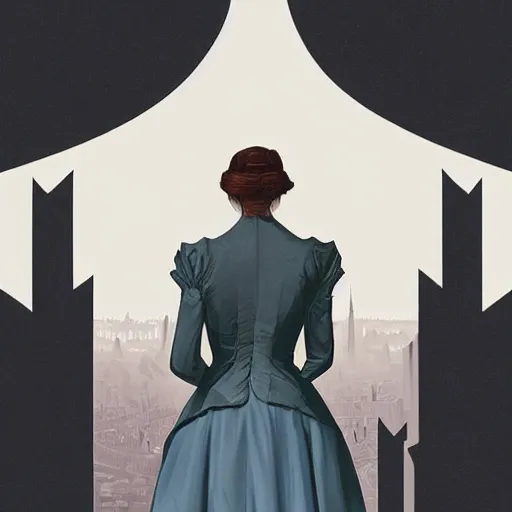 Prompt: portrait of a victorian lady in a futuristic city, from behind, streets, beautiful, asymmetry!!!, Asymmetric, no symmetry, open sky, tall buildings, highly detailed, digital painting