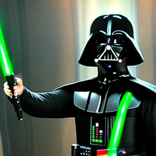 Image similar to Mark Hamil in darth vader suit with no helmet and a green lightsabre