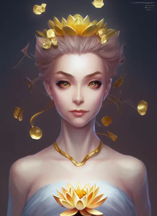 Prompt: female magician, wide angle view, lotus, flowers, gold, diamonds, highly detailed, artgerm, cushart krenz, artstation, soft light, sharp focus, illustration, character design, concept art