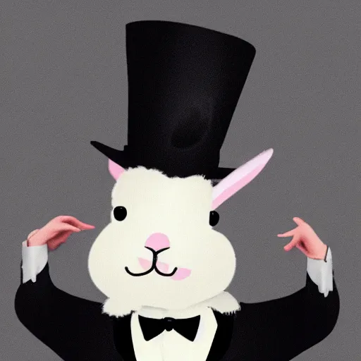 Prompt: bunny with top hat, wearing black suit with tie, performing magic tricks, hyperrealistic