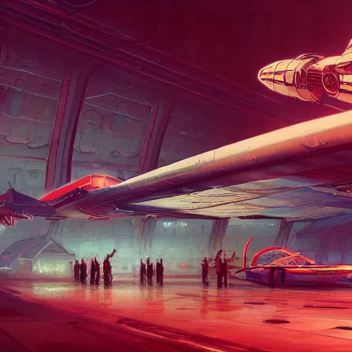 Prompt: concept art, retro - futurist steampunk pilot, airship hangar, imperious, octane render, artstation, dramatic neon lighting, glowing imperial motifs, eerie, mysterious, red turquoise accents, bladerunner, by gerald brom, james jean, syd mead, akihiko yoshida, cinematic w 1 0 2 4