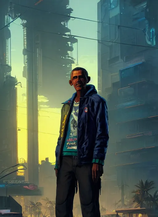 Prompt: portrait of Obama as a homeless character in Cyberpunk 2077, looking at camera, intricate, dystopian, sci-fi, extremely detailed, digital painting, artstation, concept art, smooth, sharp focus, illustration, intimidating lighting, incredible art by artgerm and greg rutkowski and alphonse mucha and simon stalenhag
