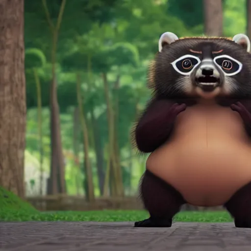 Image similar to a tanuki as yokozuna, fighting, realistic, awardwinning, unreal engine