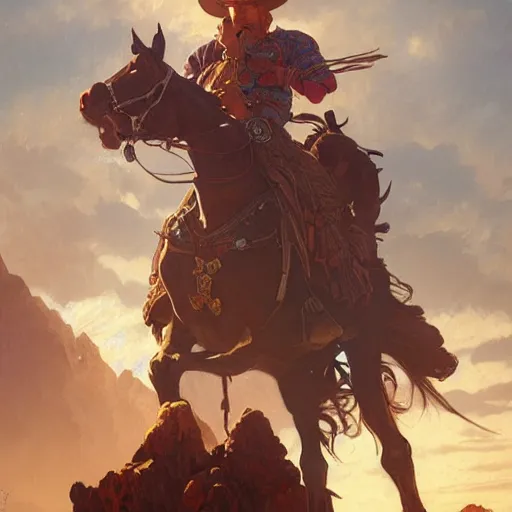 Image similar to cowboy, portrait, D&D, fantasy, highly detailed, digital painting, artstation, concept art, sharp focus, illustration, art by artgerm and greg rutkowski and alphonse mucha