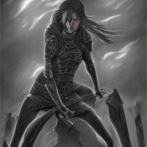 Prompt: a detailed picture of a female ninja, ominous nighttime thunderstorm, fantasy, d & d, intricate, elegant, highly detailed, digital painting, artstation, concept art, matte, sharp focus, illustration, art by m. c. escher