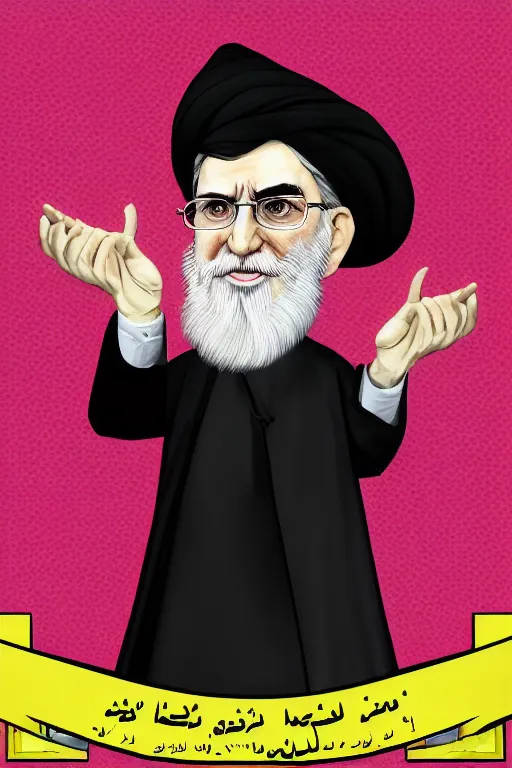 Prompt: khamenei, with quotes : destroy destroy america, pointing index finger, delete duplicating content, delete disable content, fix irregular content, hyperrealistic anatomy content, violet polsangi pop art, gta chinatown wars art style, extreme quality masterpiece, bioshock infinite art style, incrinate, 2 color, white frame, content balance proportion