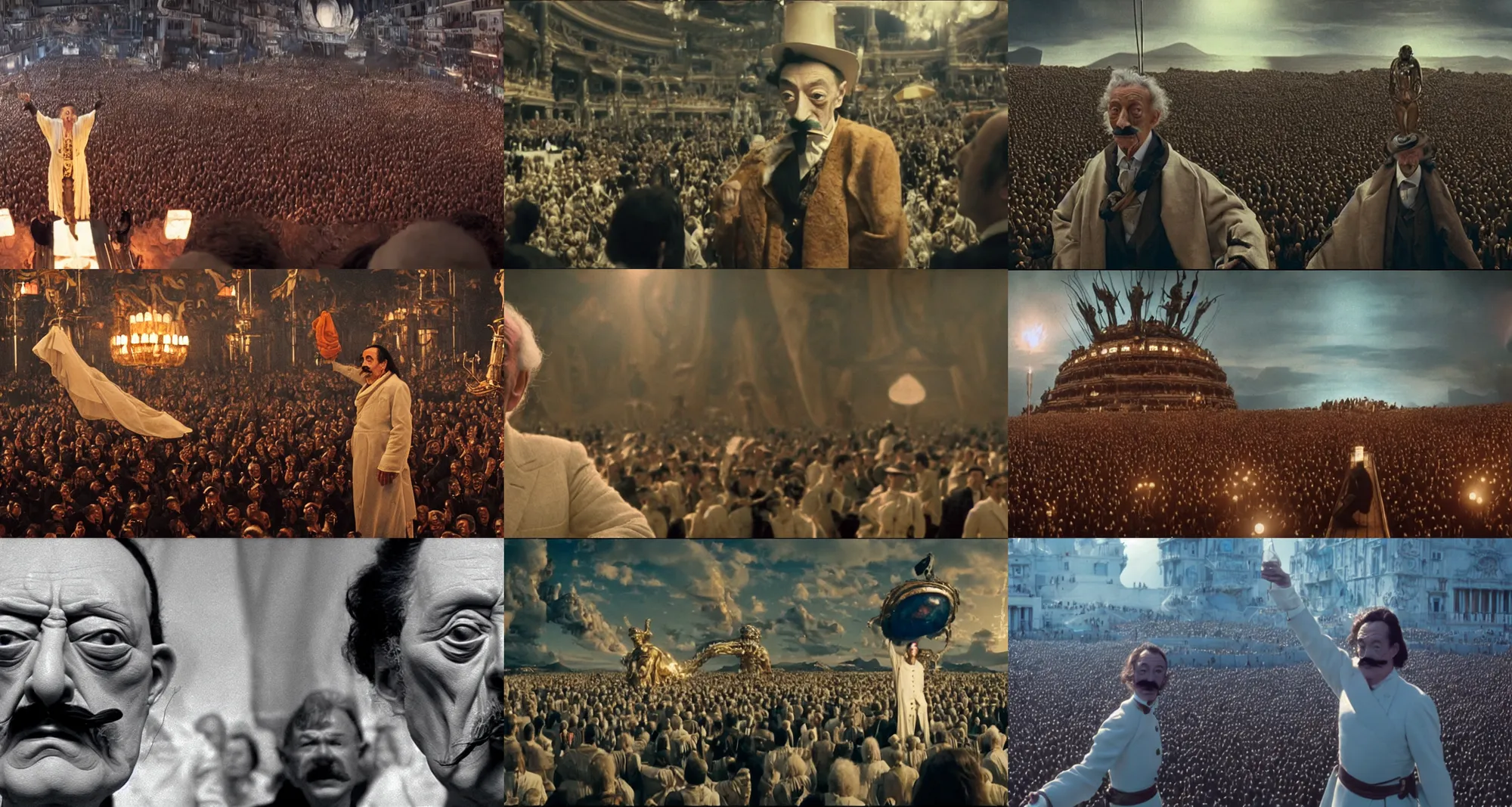 Prompt: the long shot of drunk salvador dali in the role of emperor | crowd of people | still frame from the prometheus movie by ridley scott and alejandro jodorowsky with cinematogrophy of christopher doyle, anamorphic bokeh and lens flares, 8 k, higly detailed masterpiece