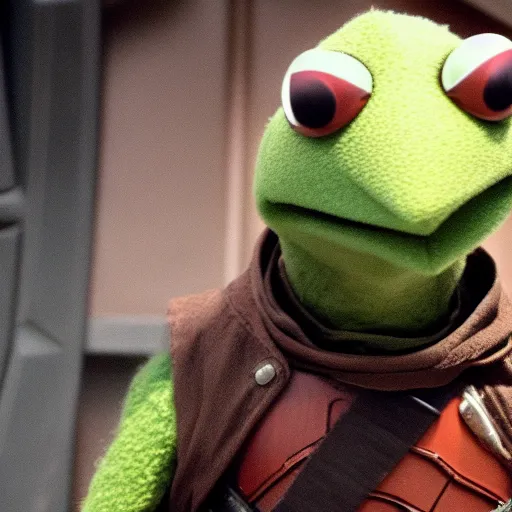 Prompt: Film still of Kermit the Frog as a Mandalorian, from The Mandalorian (2019)