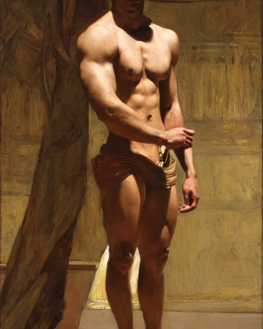 Prompt: muscular male, orientalist intricate portrait by john william waterhouse and edwin longsden long and theodore ralli and nasreddine dinet, oil on canvas. cinematic, hyper realism, dramatic lighting, high detail