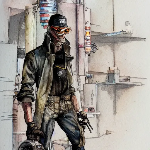 Image similar to watercolor of a cyberpunk mechanic in the style of Ashley Wood and Moebius