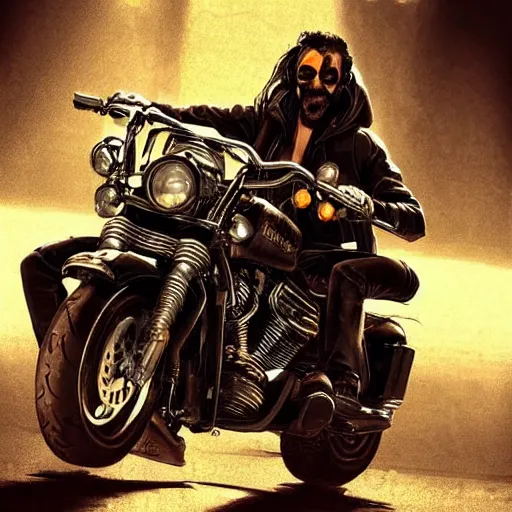 Prompt: a cool skeleton riding a harley davis motorcycle wearing a leather jacket and smoking a cigar, cyberpunk aesthetic, digital art, trending on artstation