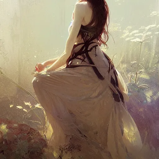 Image similar to IU, Lee Ji-Eun, very detailed, digital art, concept art, studio quality, ethereal, art style by Greg Rutkowski and Alphonse Mucha