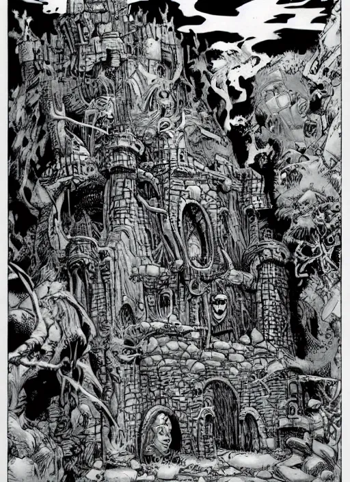 Prompt: detailed comic book drawing of a fantasy castle in the jungle by randy vargas and simon bisley and jack kirby