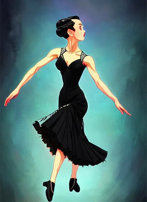 Image similar to a beautiful dancer with black hair in 1940's fashion, ballroom background, intricate, highly detailed, digital painting, artstation, official media, anime key visual, concept art, rich vivid colors, ambient lighting, sharp focus, illustration, art by Artgerm, Makoto Shinkai, Ilya Kuvshinov, Lois Van Baarle, and Rossdraws