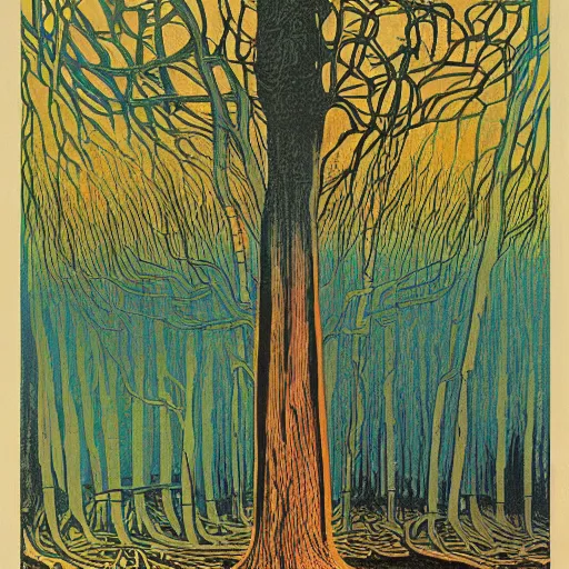 Prompt: a dark forest, colored woodcut, poster art, by Mackintosh, art noveau, by Ernst Haeckel, bright pastel colors